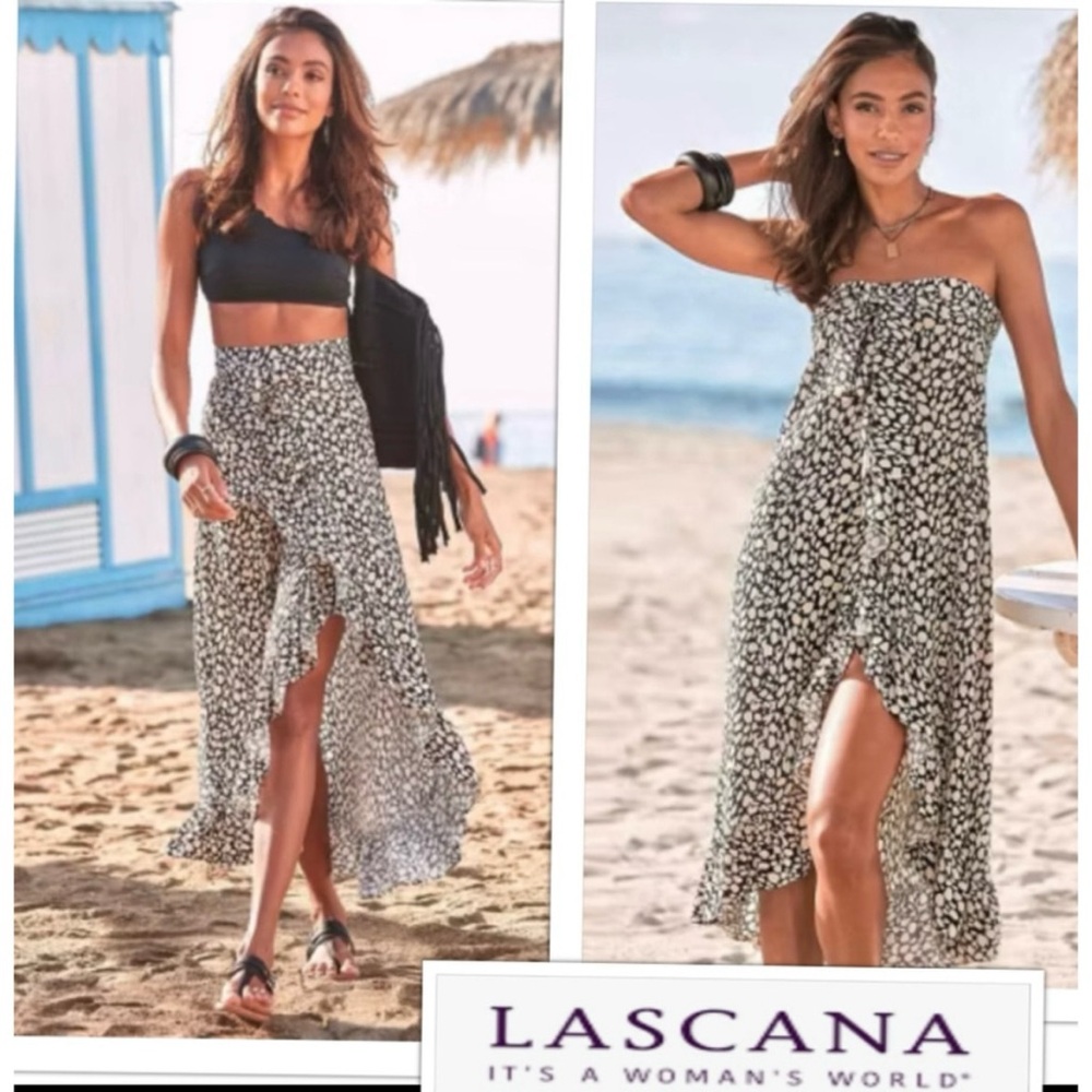 Lascana Wrap Convertible Midi Skirt Black Beige Ruffle Hem High Low 14 Boho